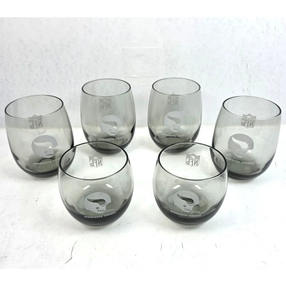Vintage 1970s Minnesota Vikings Smoked Glass Roly Poly Lowball Tumblers Set of 6